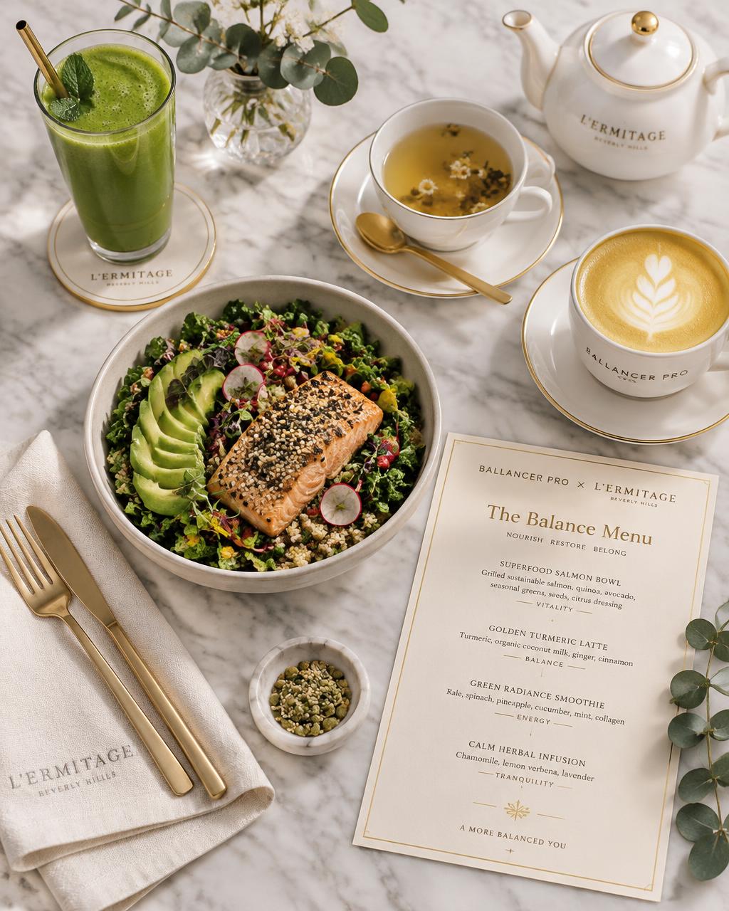 The Balance Menu spread: a green smoothie, a salad with grilled salmon, herbal tea, and a golden latte on marble in a L’Ermitage suite